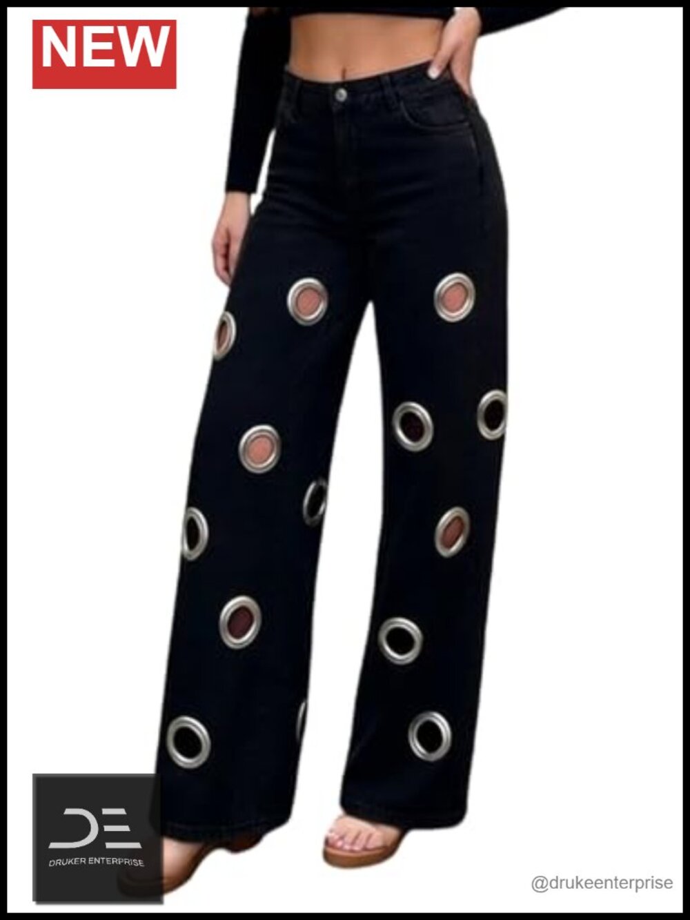 Wide Leg Jeans High Waisted Metal Ring Cut-Out Denim Pants Ripped Distressed Y2K